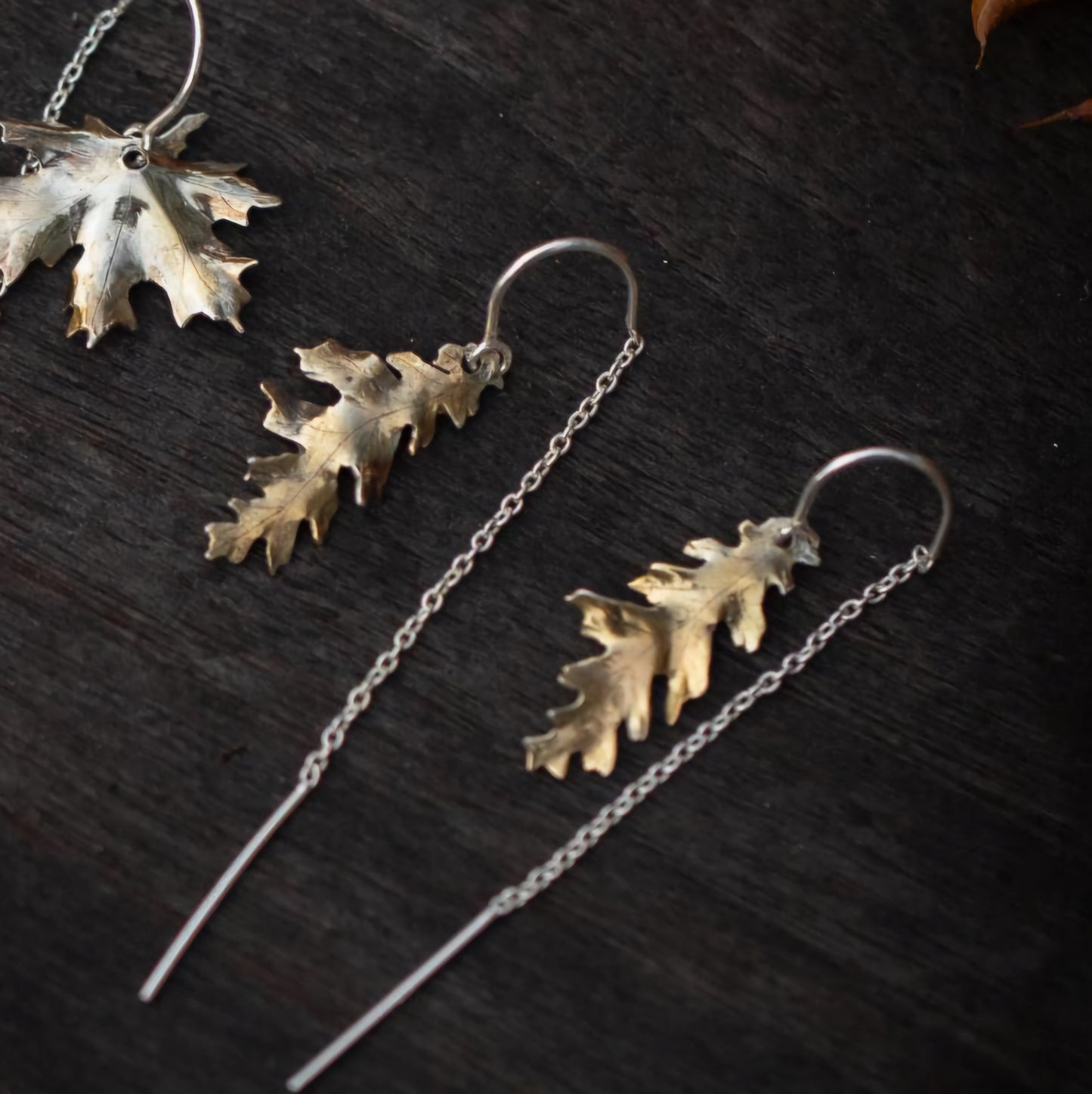 Sterling Silver and 24k Gold Woodland Leaf Ear Threaders