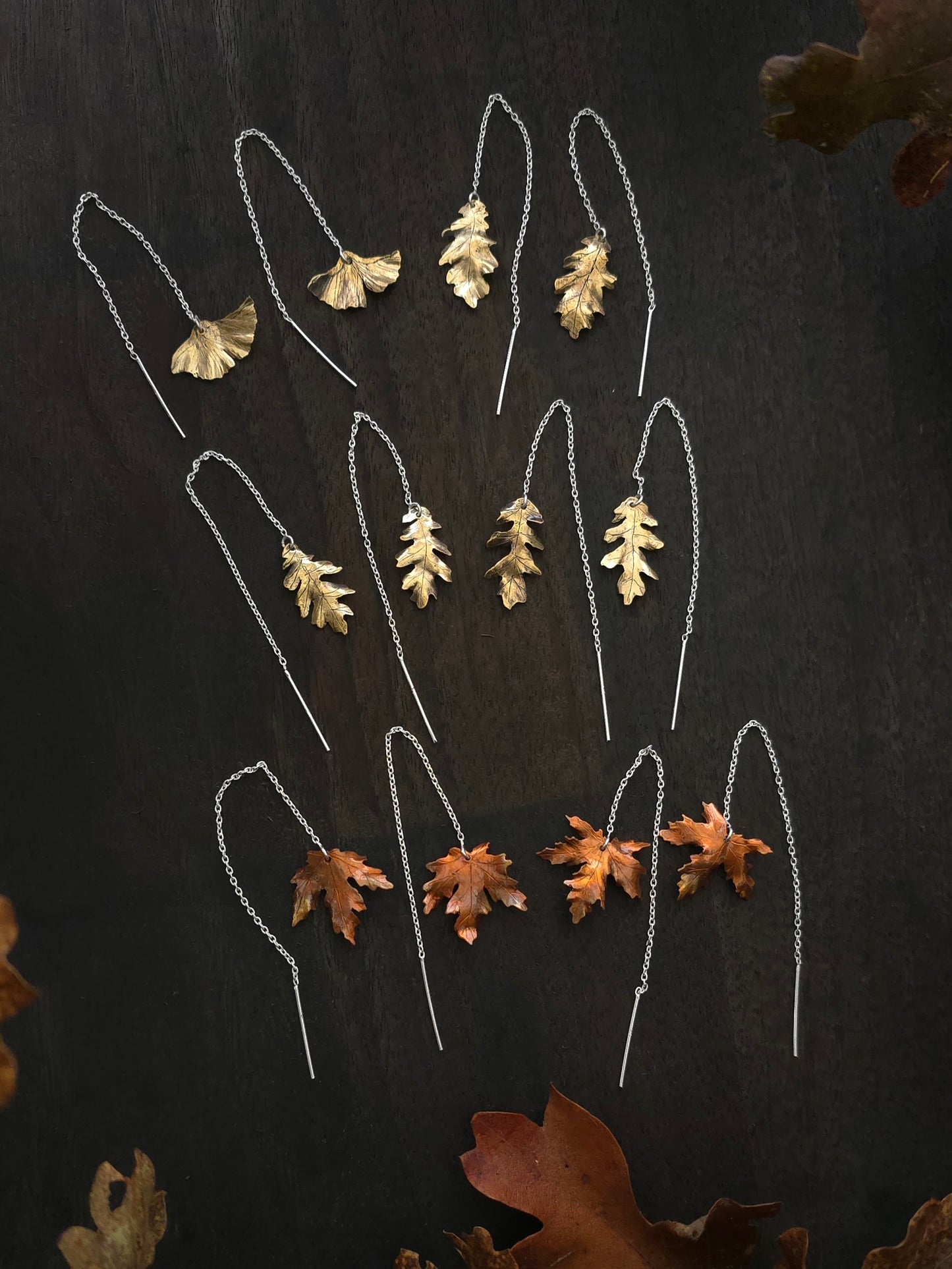 Copper and Brass Woodland Leaf Ear Threaders