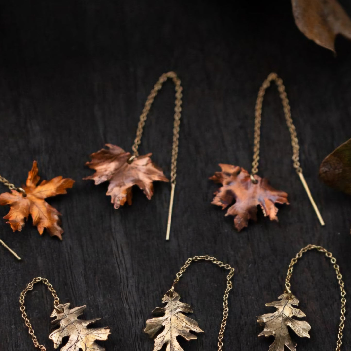 14k Gold, Copper, and Brass Autumn Leaf Ear Threaders