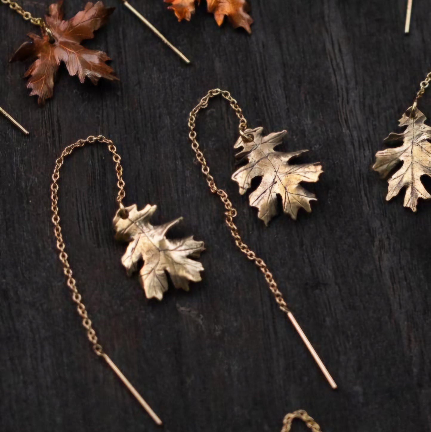 14k Gold, Copper, and Brass Autumn Leaf Ear Threaders