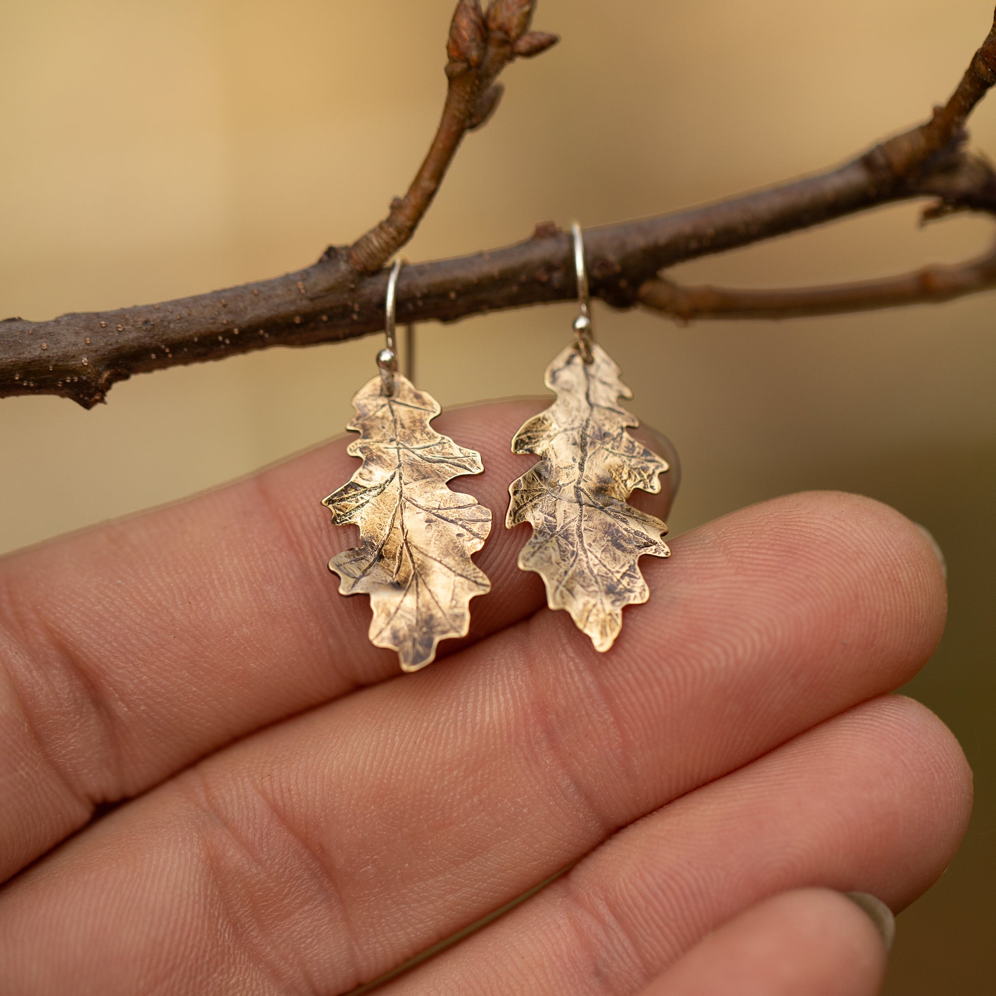 Brass gold colored oak leaf earrings held between fingers with a blurred natural background