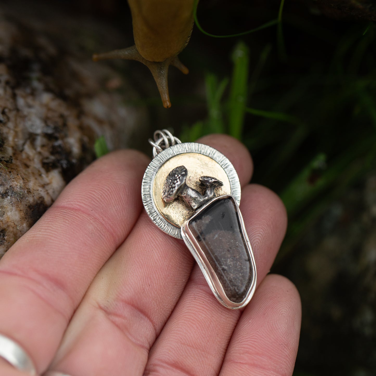 Porcini's Bounty Sterling Silver and Brass Mushroom Necklace