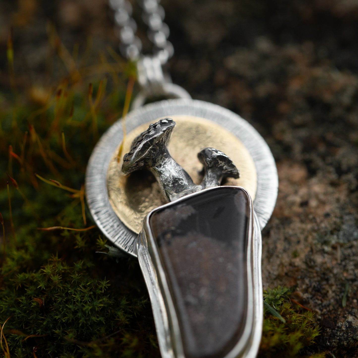 Porcini's Bounty Sterling Silver and Brass Mushroom Necklace