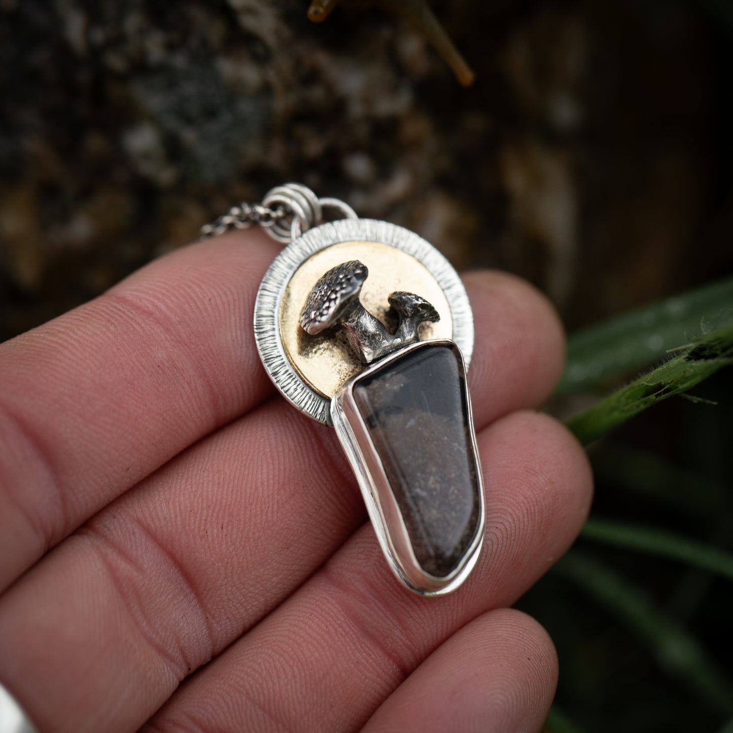 Porcini's Bounty Sterling Silver and Brass Mushroom Necklace