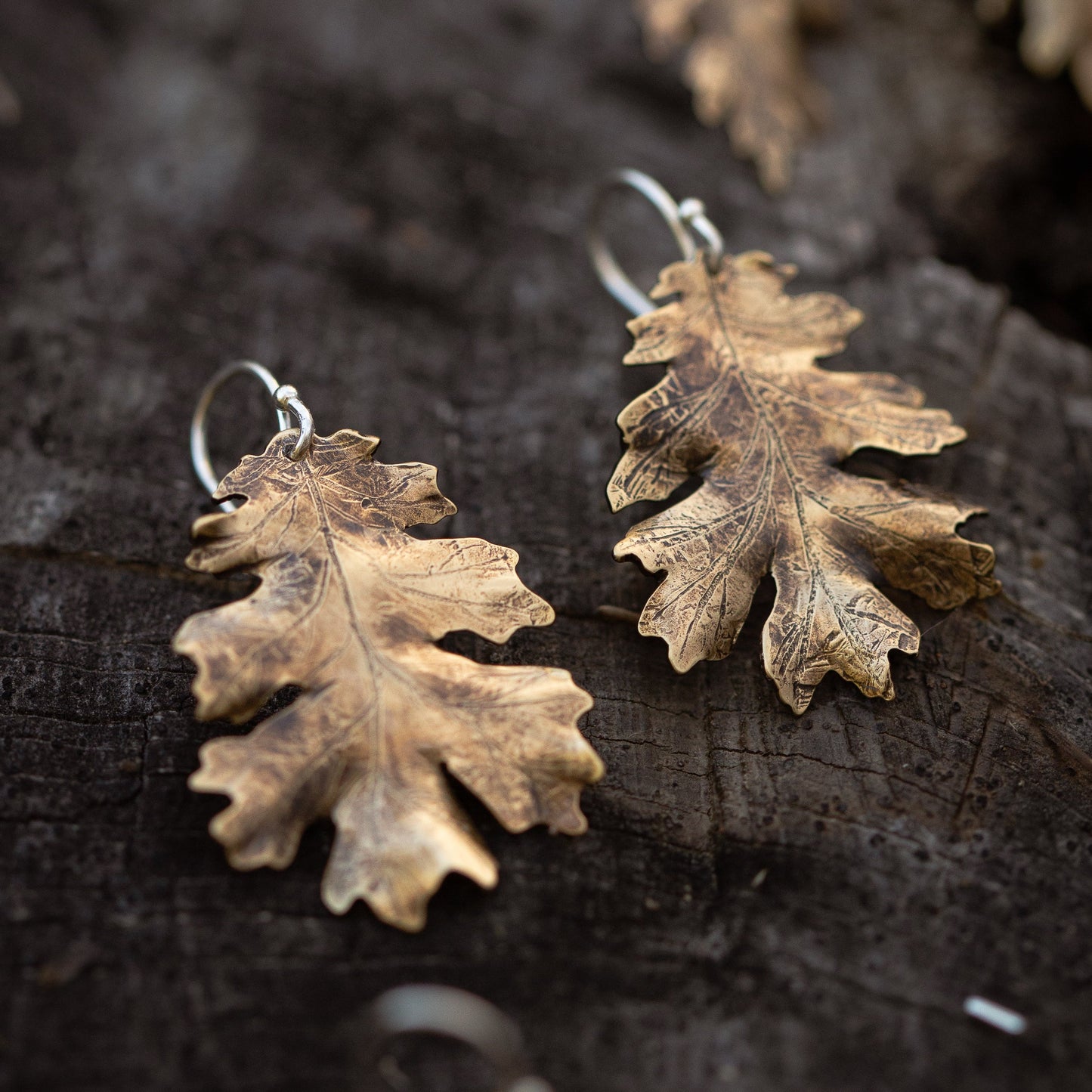 Pair of brass oak leaf-shaped earrings on a dark woodtextured surface