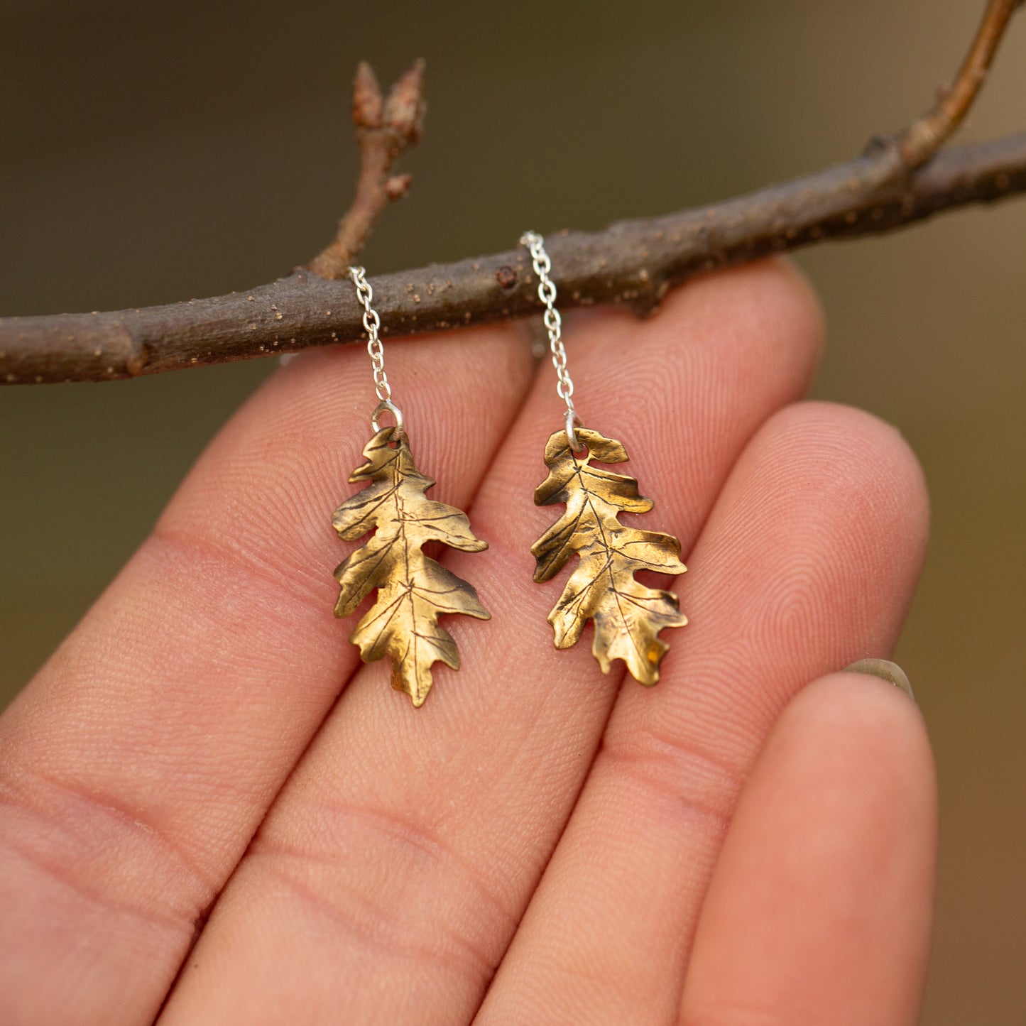 Brass gold colored oak leaf earrings held in a hand with a natural background