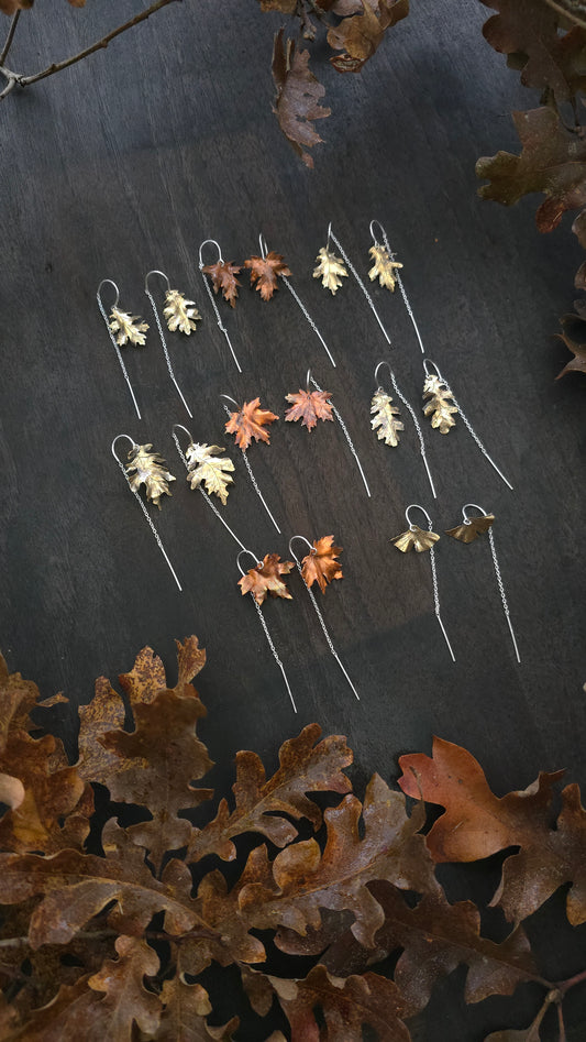 Brass and Copper Autumn Leaf Ear Threaders