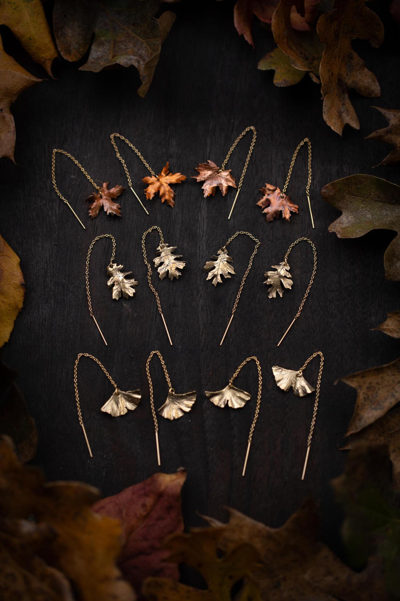 14k Gold, Copper, and Brass Autumn Leaf Ear Threaders