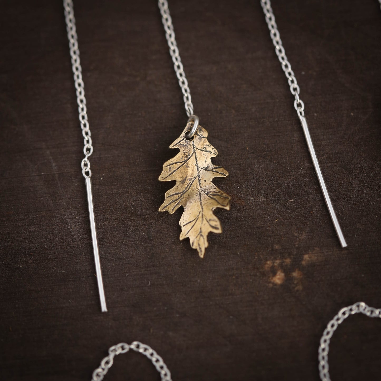 Oak and Aspen Leaf Ear Threaders Earrings in Brass and Sterling Silver