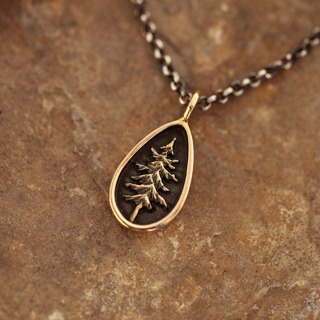Teardrop Lone Pine Tree Necklace in Sterling Silver or Bronze
