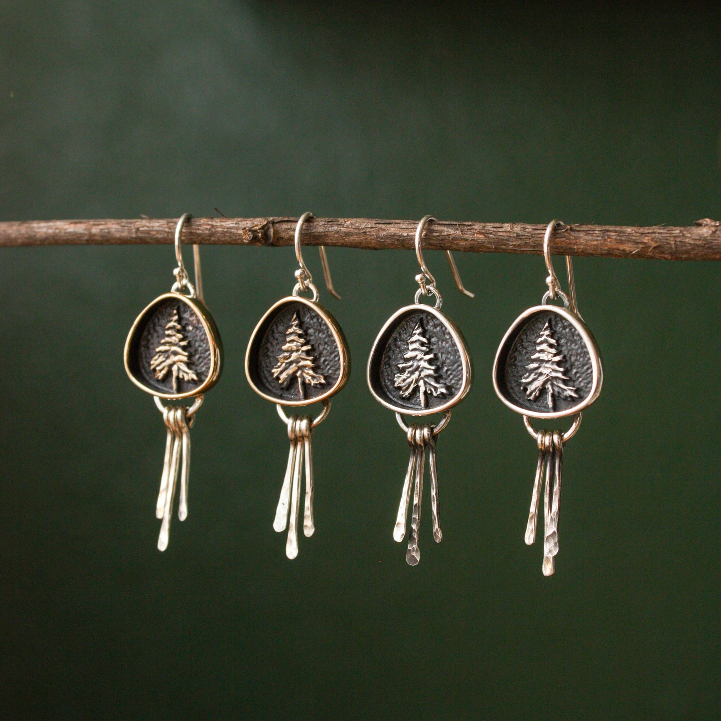 Trillion Lone Pine Standard Earrings with Fringe - Silver & Bronze